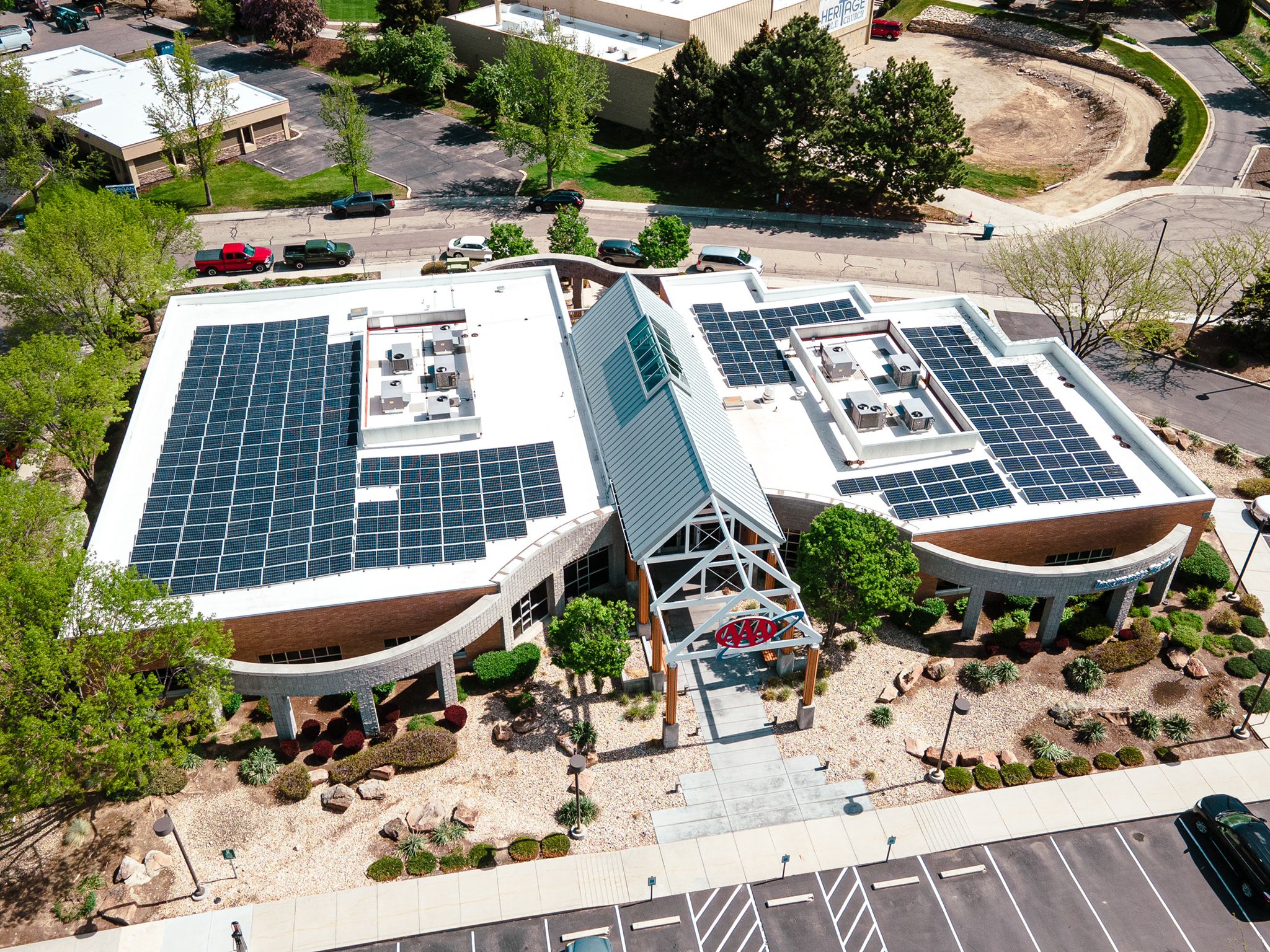 A big commercial complex filled with solar panels installed by RevoluSun Idaho