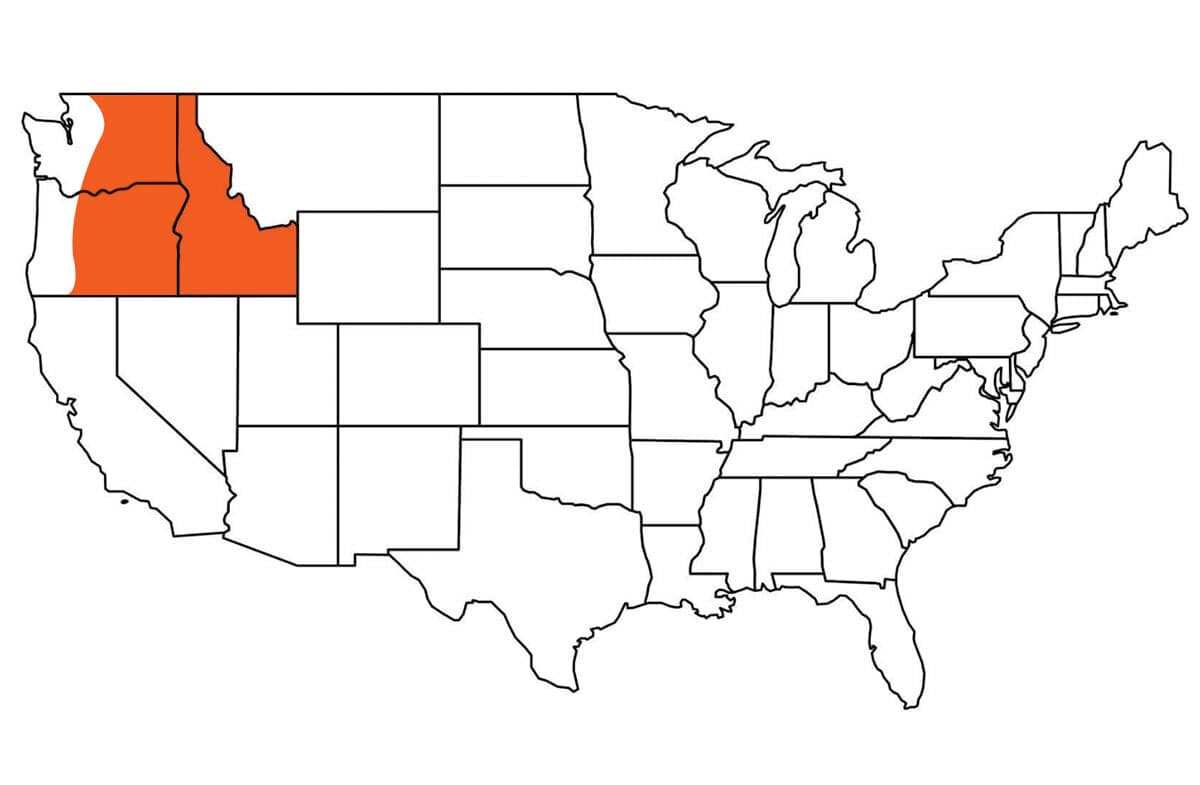 USA map of lower 48 states with orange highlight over Idaho, eastern Washington and Eastern Oregon
